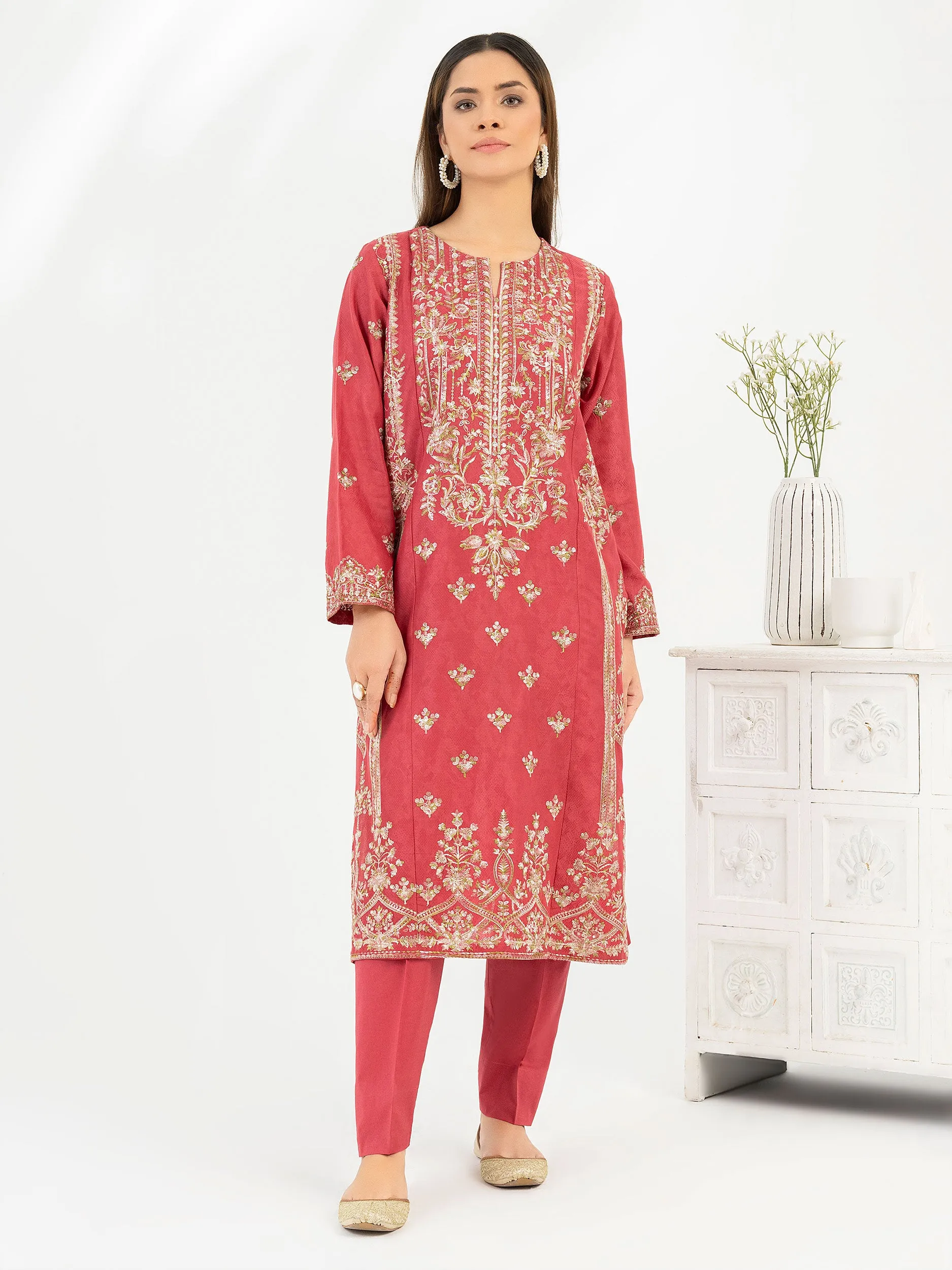 2 Piece Jacquard Suit-Embroidered (Pret)