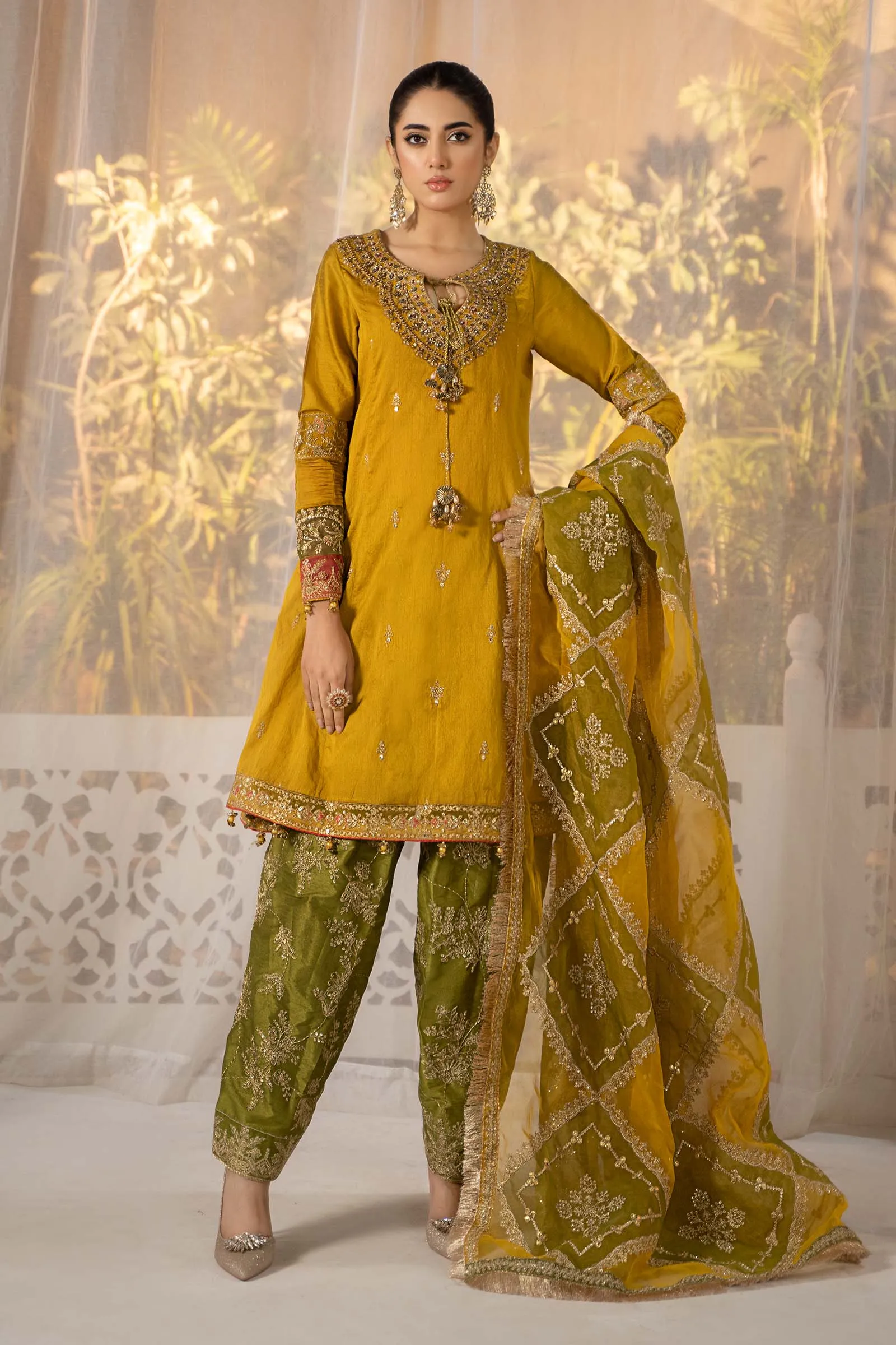 3 Piece Embroidered Raw Silk Suit | SF-EF24-75