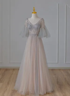 A-line Beaded V-neckline Tulle Formal Dress, Puffy Sleeves Long Prom Dress