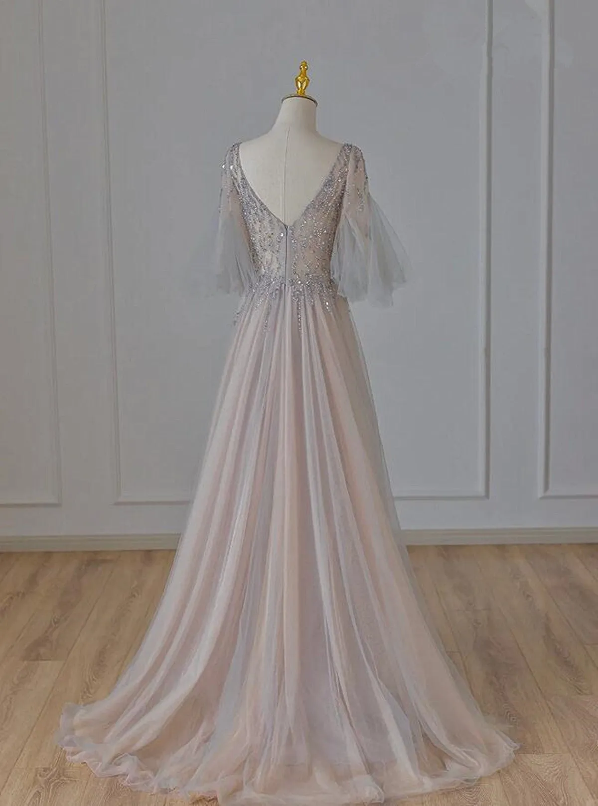 A-line Beaded V-neckline Tulle Formal Dress, Puffy Sleeves Long Prom Dress