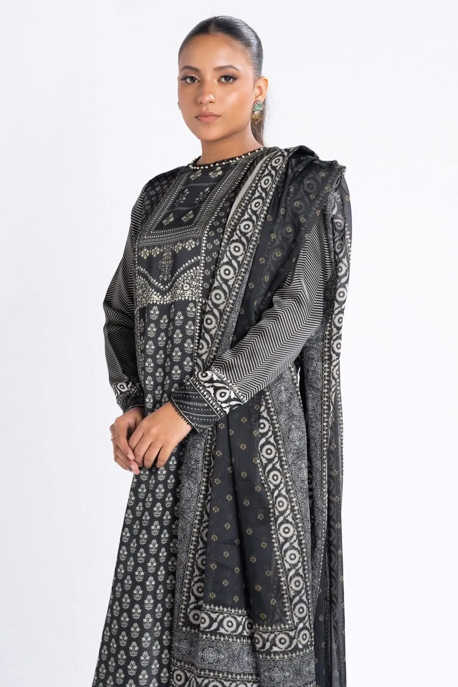 Alkaram Chamois Silk Suit With Printed Tissue Silk Dupatta – SK-05-24-Black