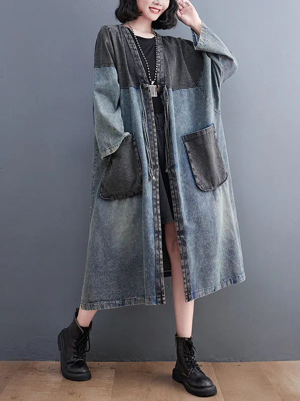 Artistic Retro Denim Long Sleeves Loose Tied Split-Joint Trench Outerwear