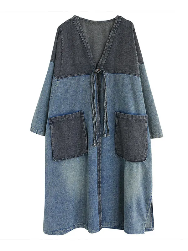 Artistic Retro Denim Long Sleeves Loose Tied Split-Joint Trench Outerwear