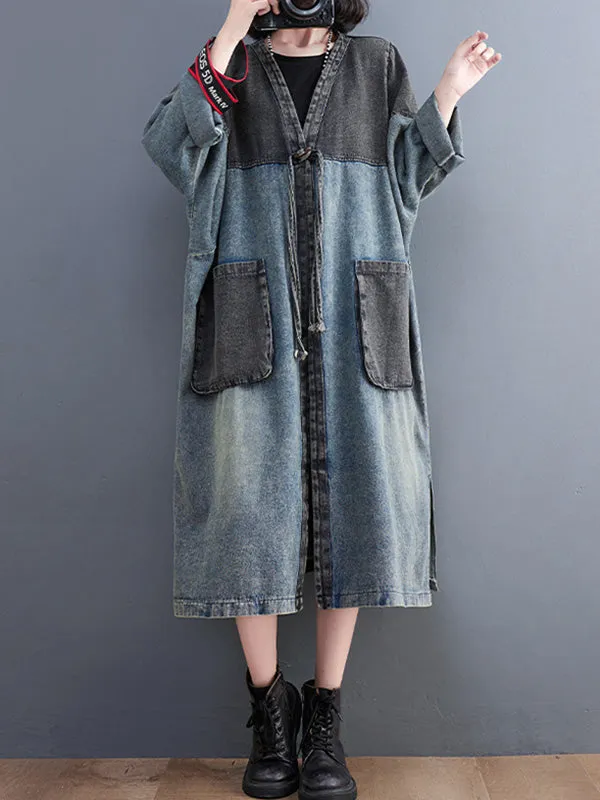 Artistic Retro Denim Long Sleeves Loose Tied Split-Joint Trench Outerwear