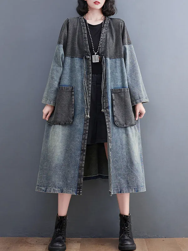 Artistic Retro Denim Long Sleeves Loose Tied Split-Joint Trench Outerwear