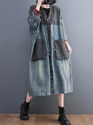 Artistic Retro Denim Long Sleeves Loose Tied Split-Joint Trench Outerwear