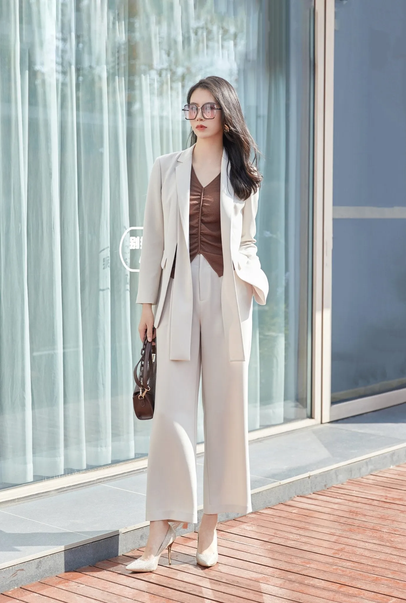 Beige Straight Leg Suits Pants