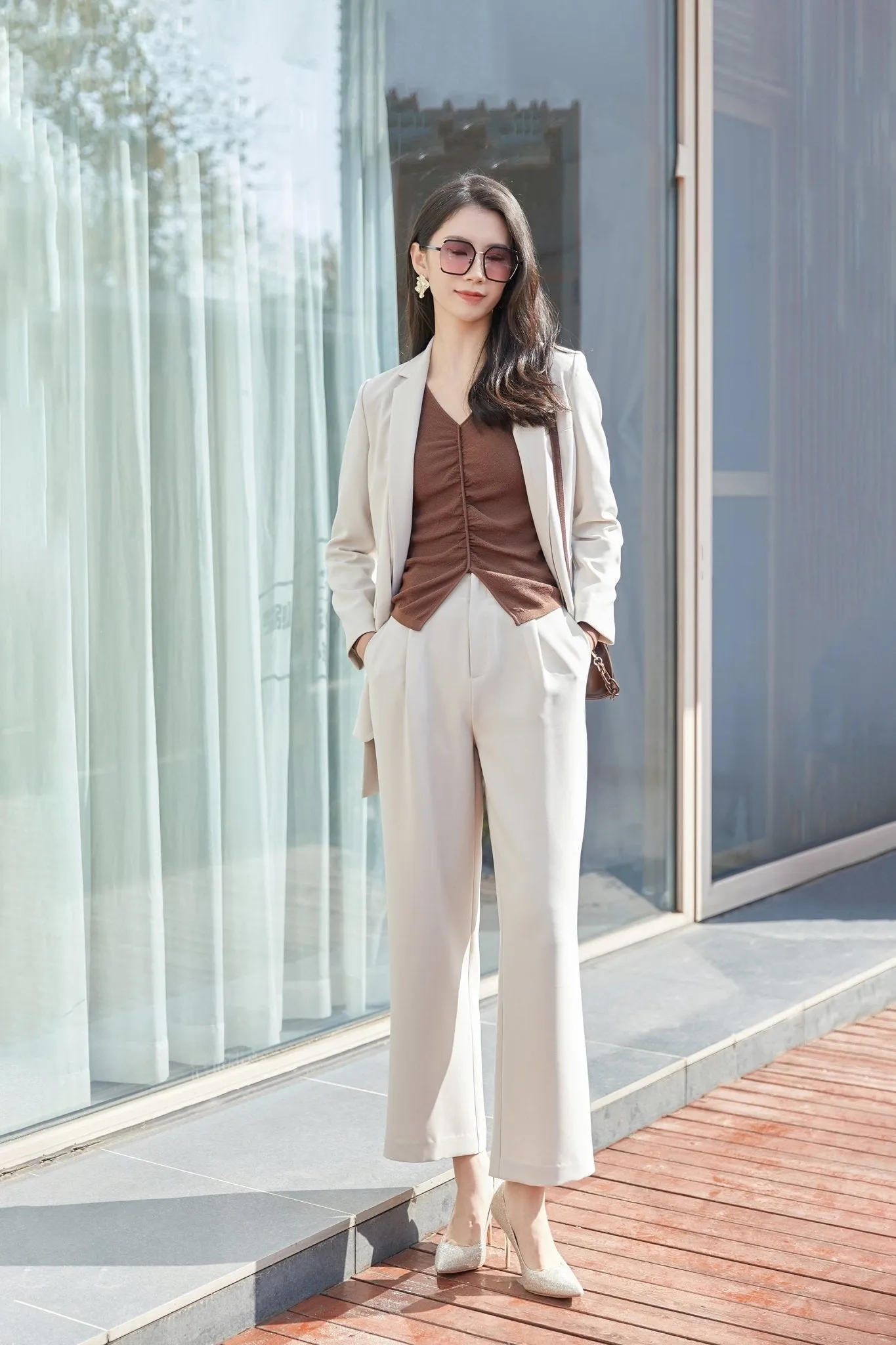 Beige Straight Leg Suits Pants