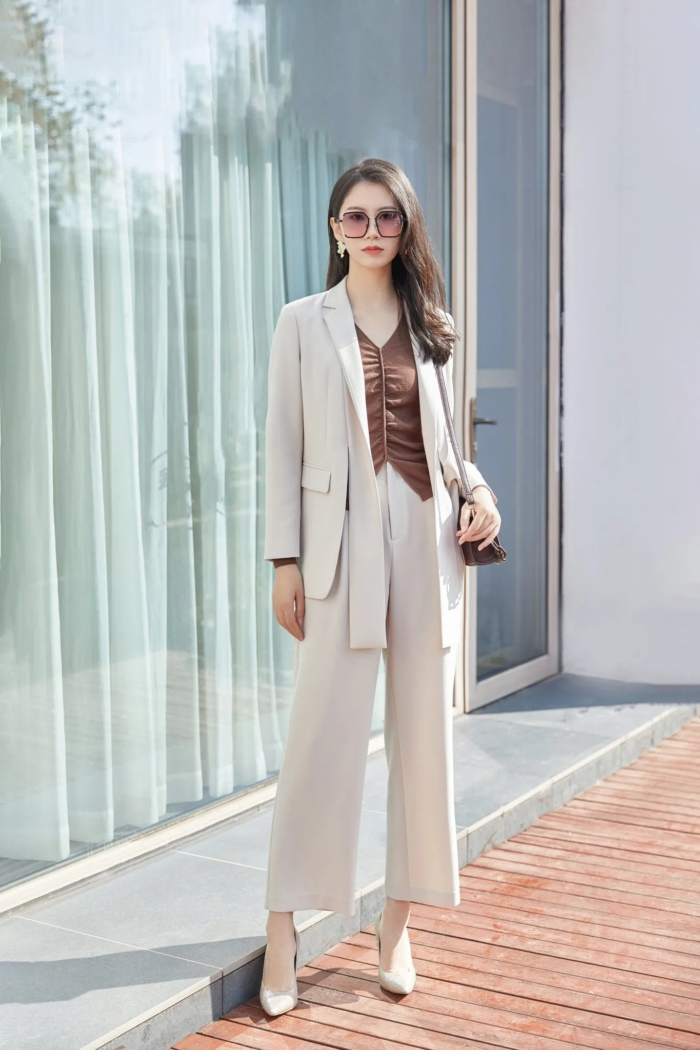 Beige Straight Leg Suits Pants