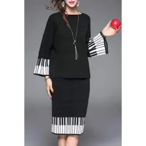 Bell Sleeve Print Knitwear and Skirt - Black One Size