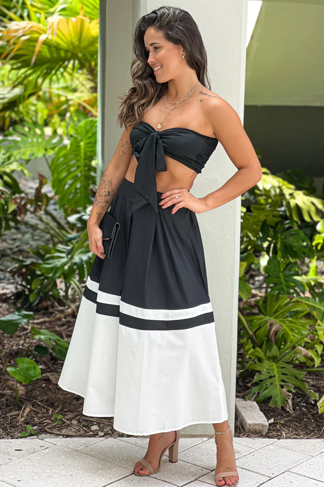 Black And White Midi Skirt And Top Set