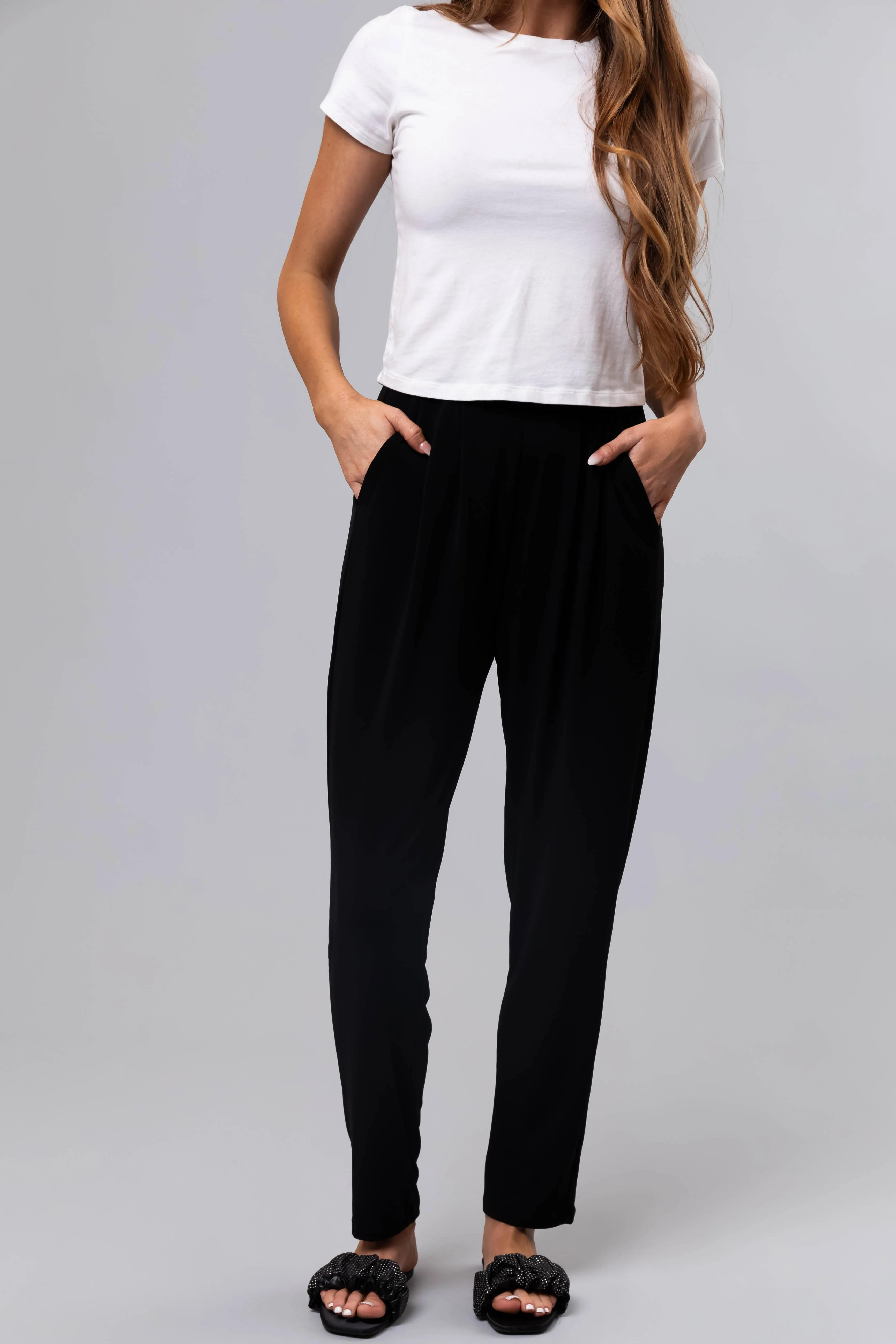 Black High Waist Pleated Straight Leg Pants