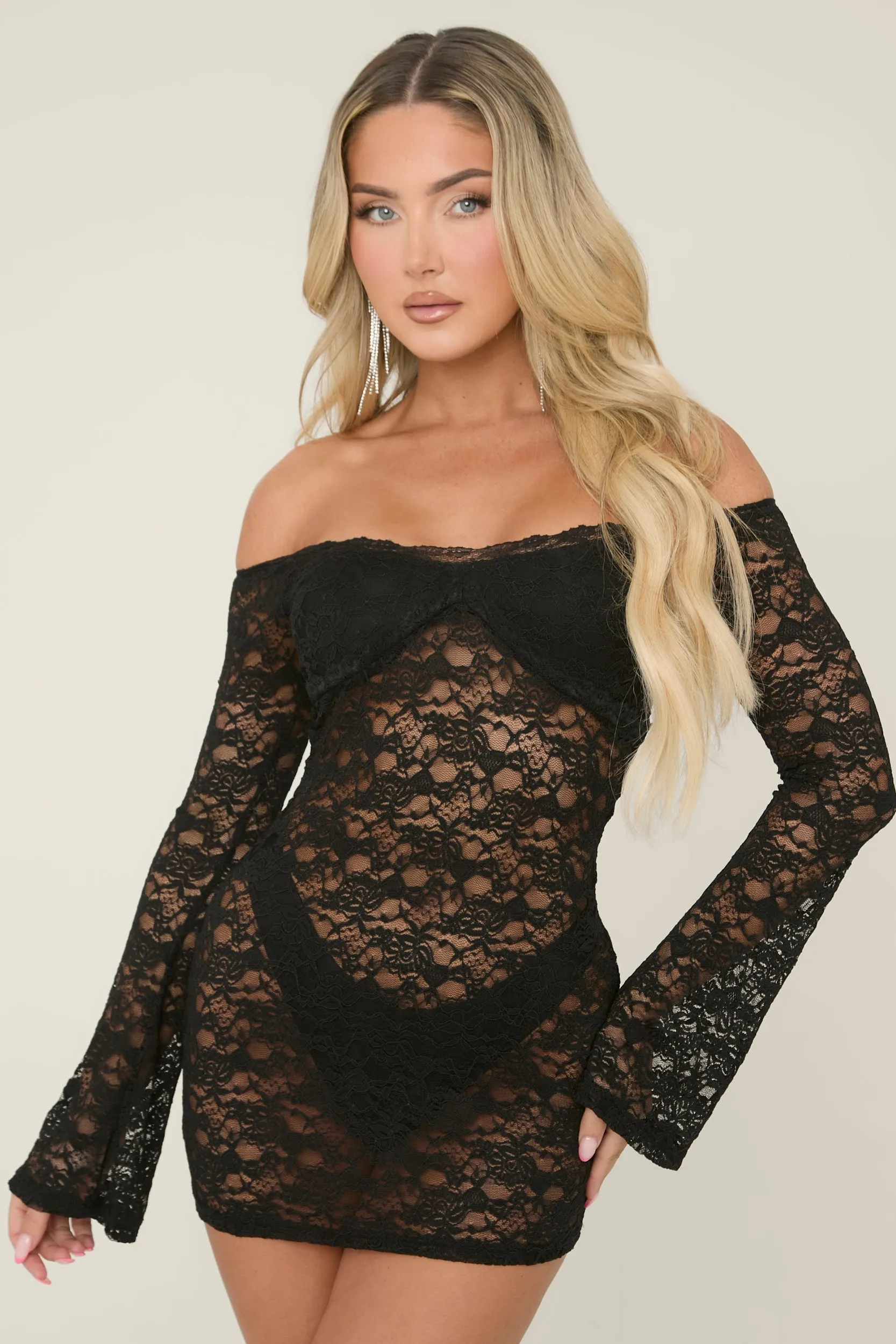 Black Lace Bardot Long Sleeve Mini Dress - Bex