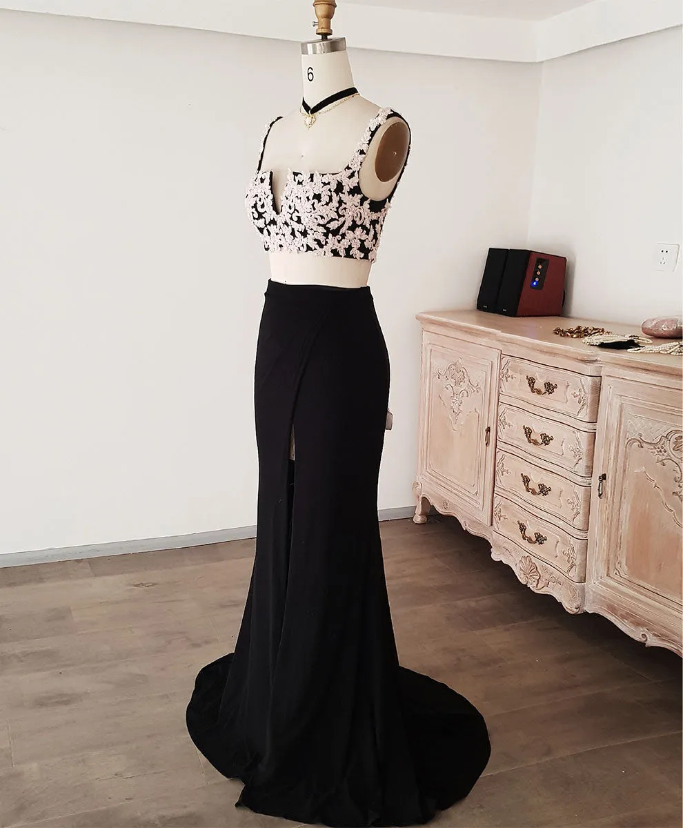 Black Lace Two Pieces Long Prom Dress Black Evening Dress with Lace Beading