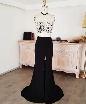 Black Lace Two Pieces Long Prom Dress Black Evening Dress with Lace Beading