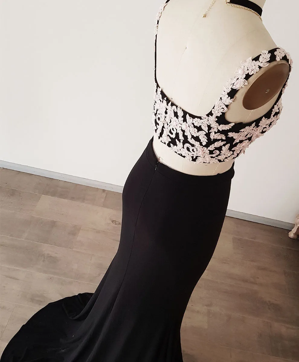 Black Lace Two Pieces Long Prom Dress Black Evening Dress with Lace Beading