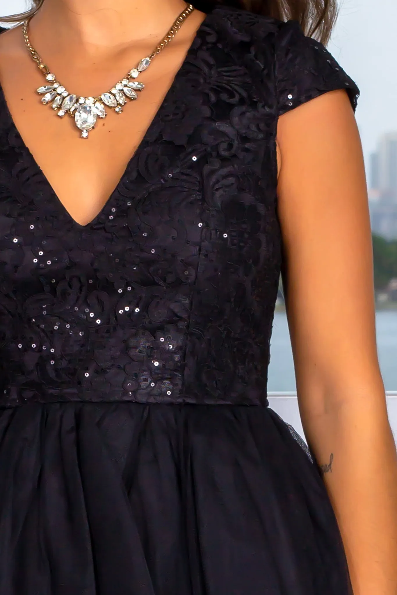 Black Sequin Lace Top Short Dress