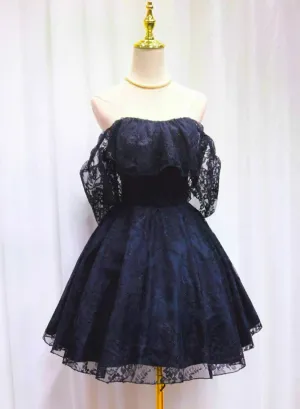 Blue Lace Off Shoulder Short Party Dress, Blue Homecoming Dress Party Dresses