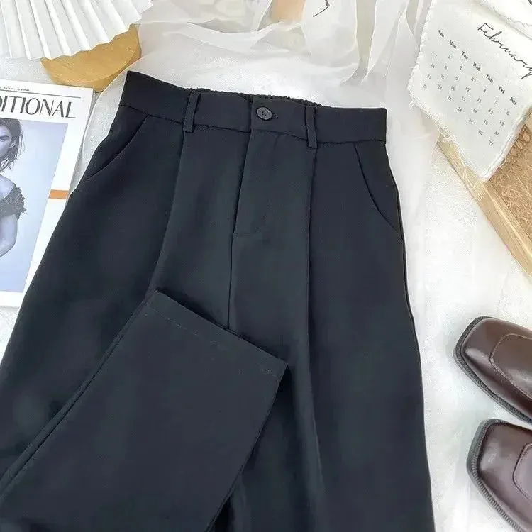 Bonnyshow Fall Spring Black Suit Haren Pants Women Fashion Elastic High Waist Casual Trousers Woman Korean Style Solid Office Pant 2023