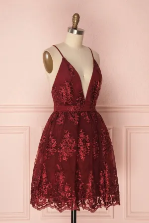 Burgundy V-Neck Lace Short Backless Prom Dress Cute Lace Party Dress