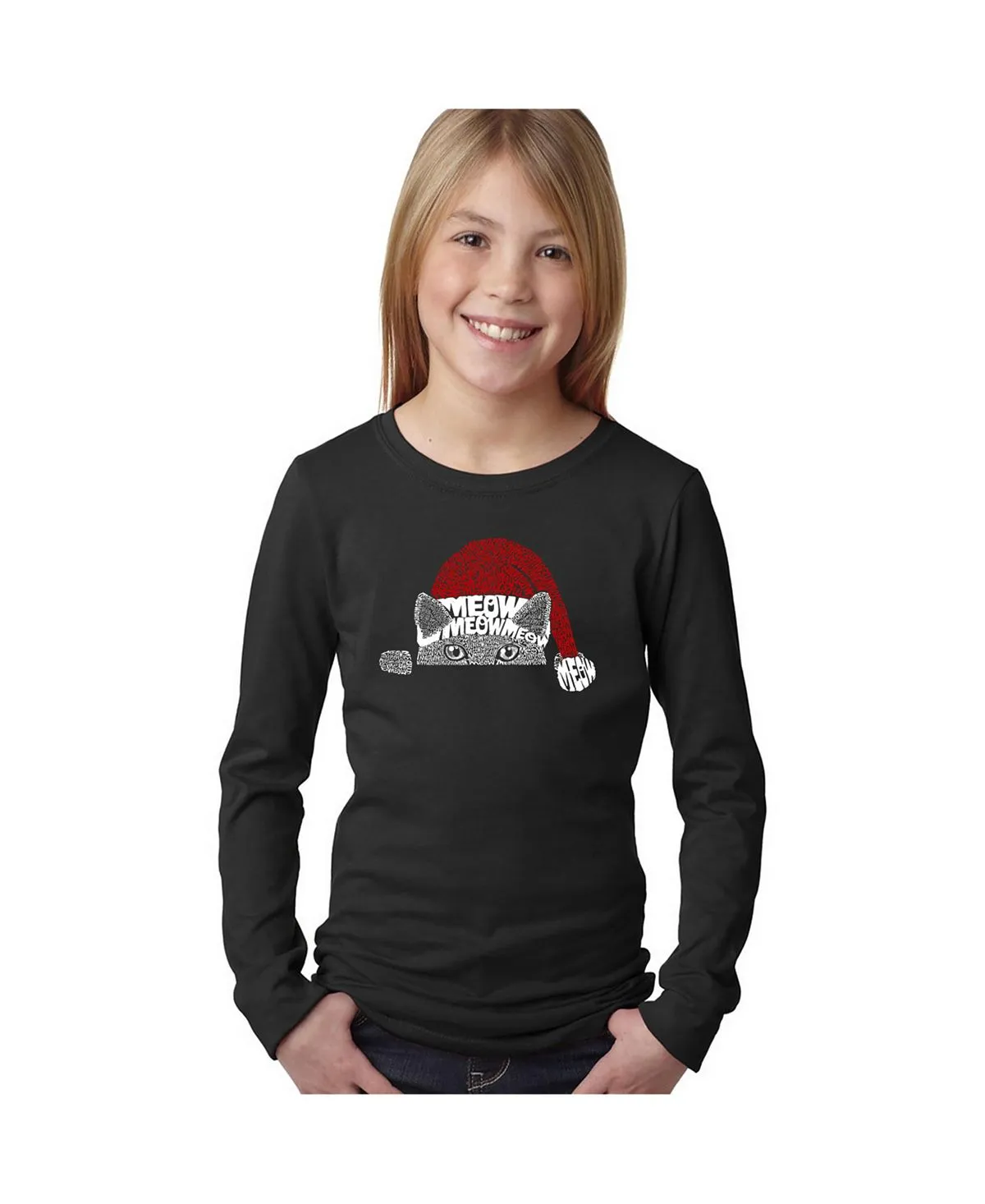 Christmas Peeking Cat - LA Pop Art Girls Long Sleeve Letter Tee