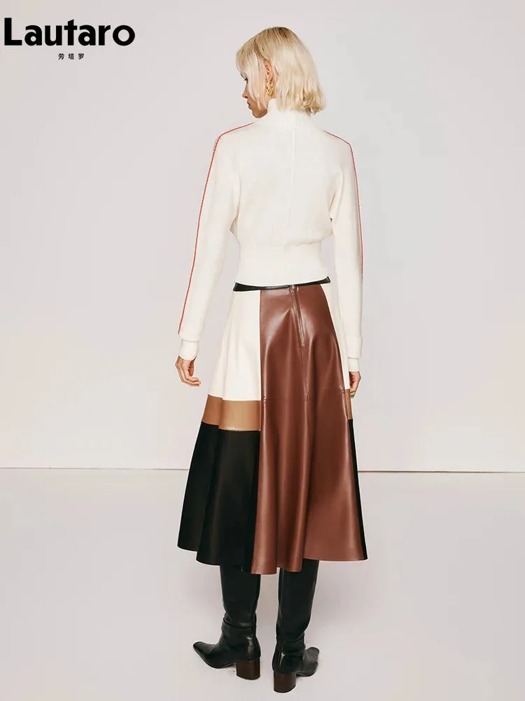 Color Block Soft PU Leather Skirt