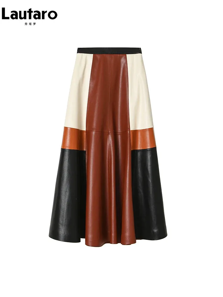 Color Block Soft PU Leather Skirt