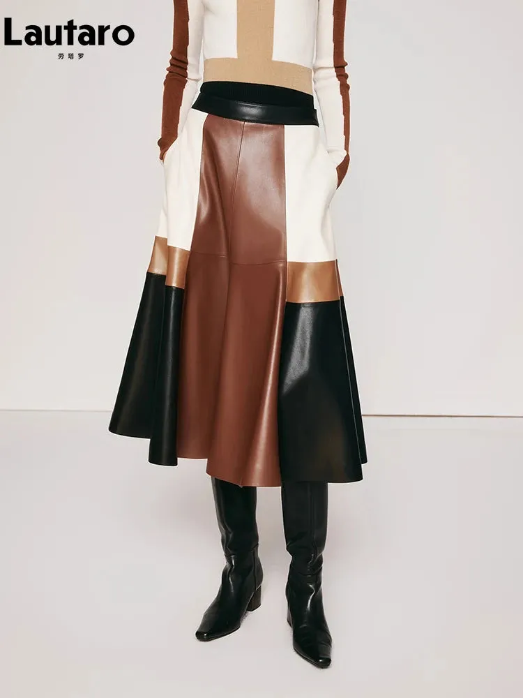 Color Block Soft PU Leather Skirt