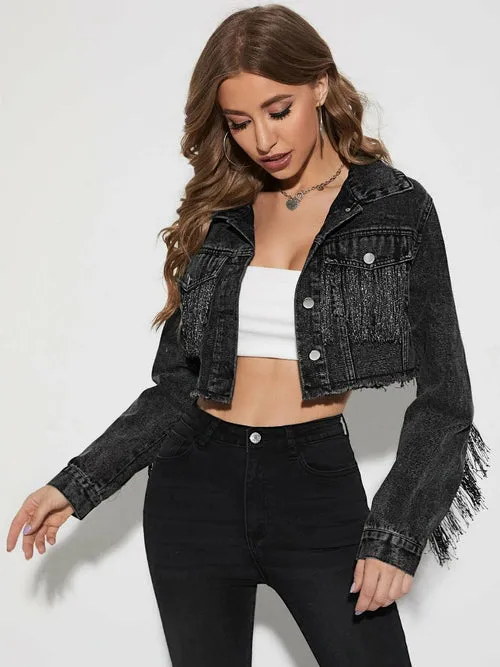 Cowboy Jacket Tassel Stitching Sexy Ripped Denim Jacket