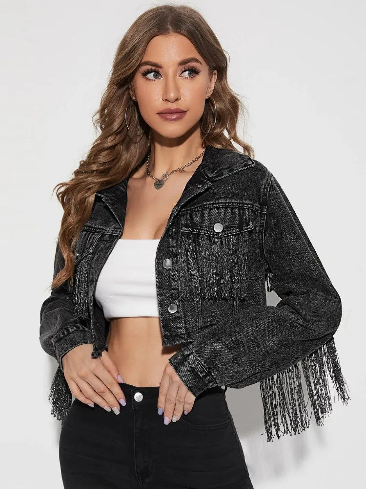 Cowboy Jacket Tassel Stitching Sexy Ripped Denim Jacket