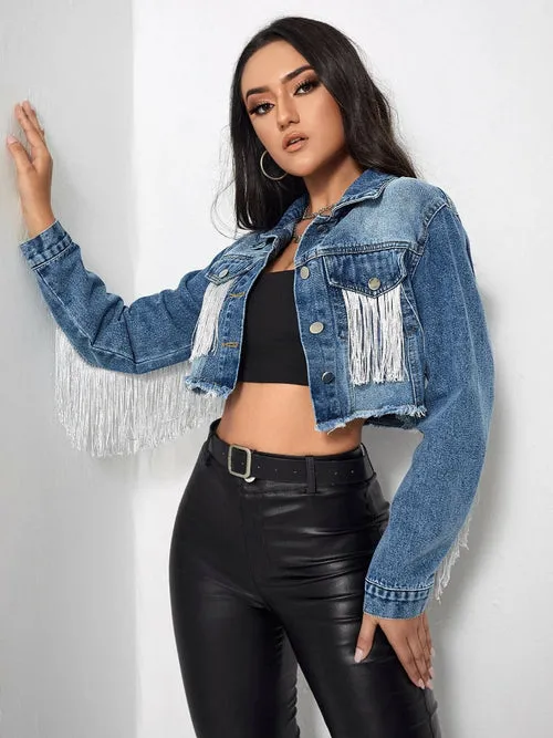 Cowboy Jacket Tassel Stitching Sexy Ripped Denim Jacket