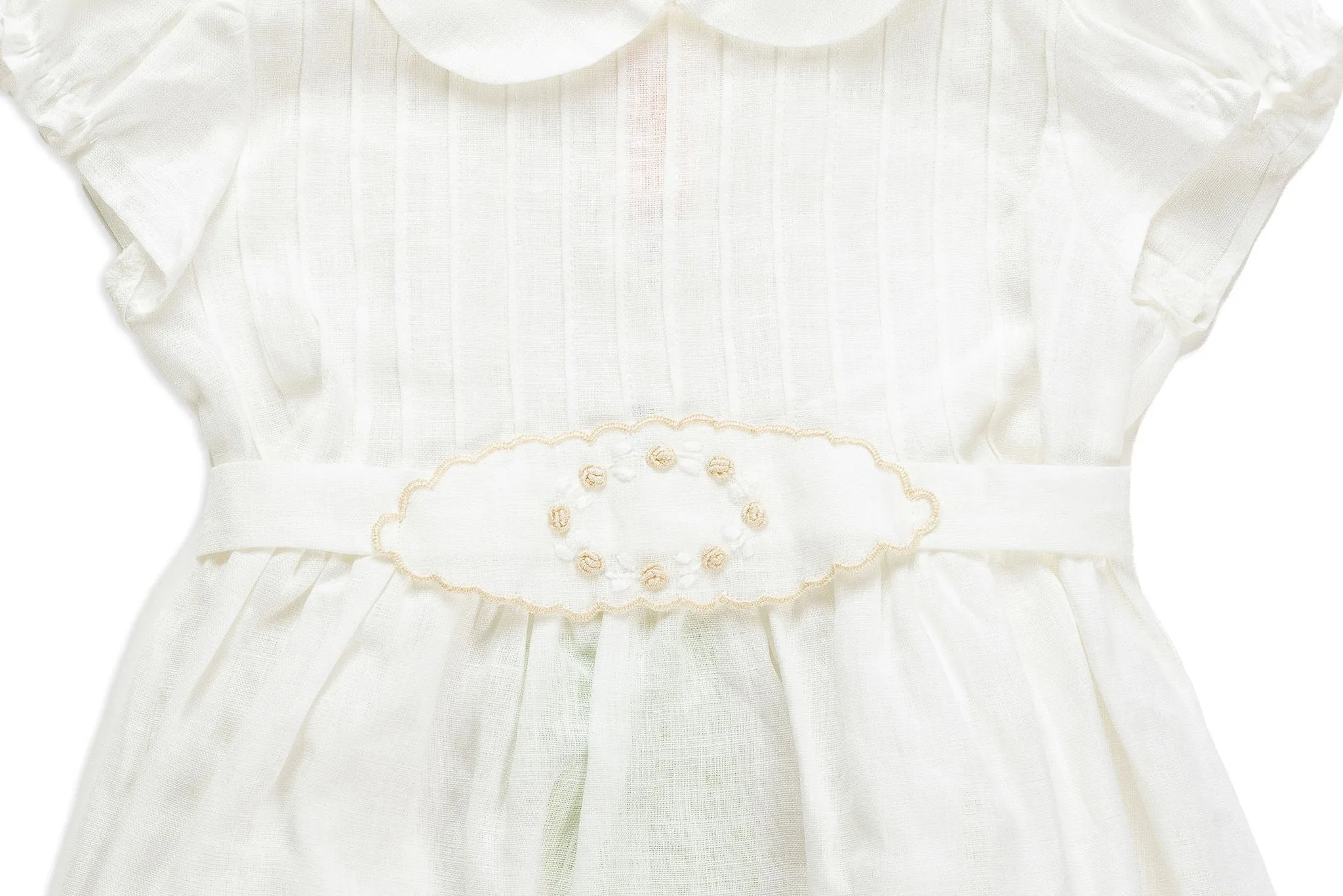 Dress with Embroidered Belt in White Linen