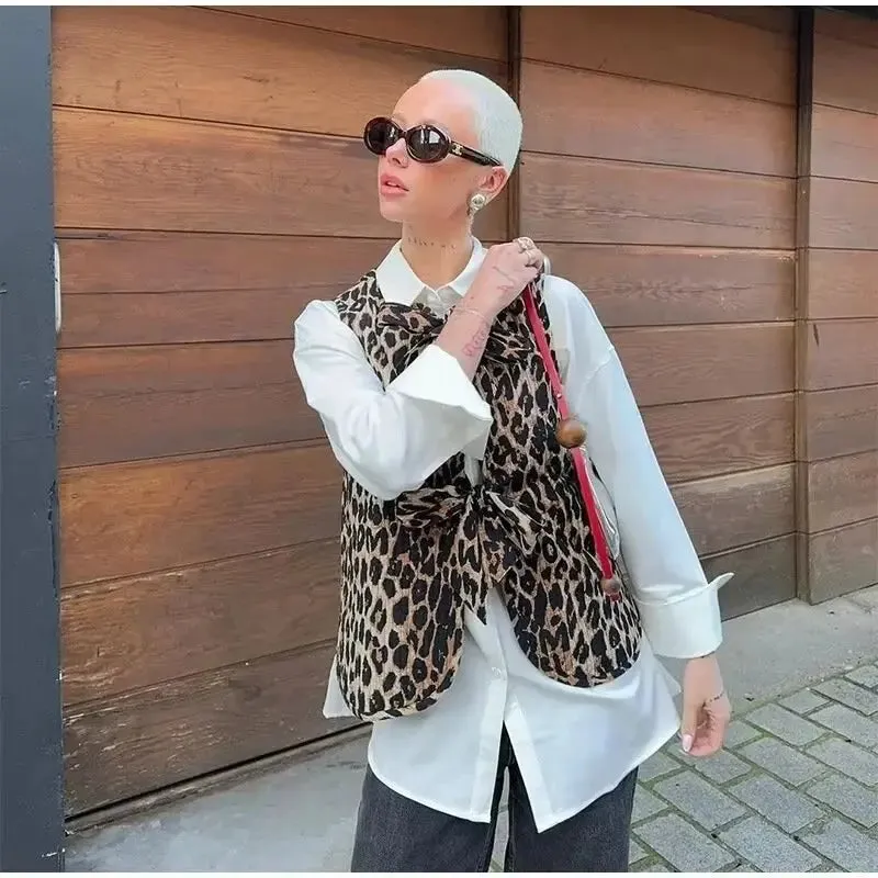 Fashionkova  Spring/Summer  2024 New Women's V-neck Bow Decoration Fashion Leopard Pattern Vest