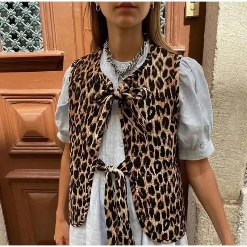 Fashionkova  Spring/Summer  2024 New Women's V-neck Bow Decoration Fashion Leopard Pattern Vest