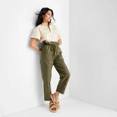 Future Collective w/Jenny K Lopez Olive Green High-Waisted Eyelet Pants