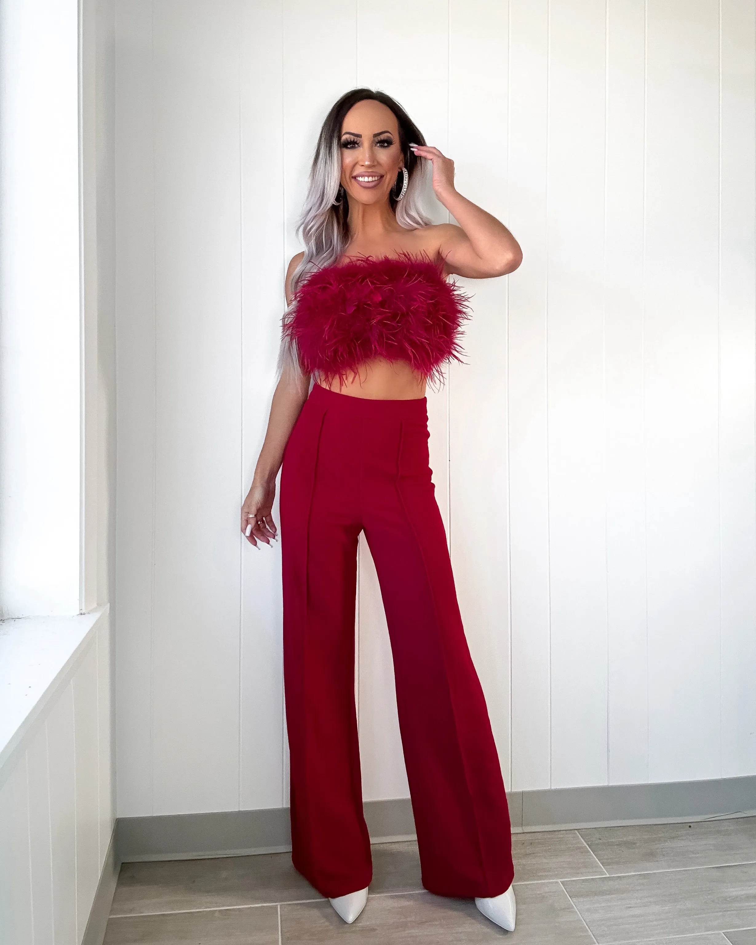 Graceful Reflections Fur Pants Set - Burgundy