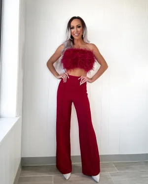 Graceful Reflections Fur Pants Set - Burgundy