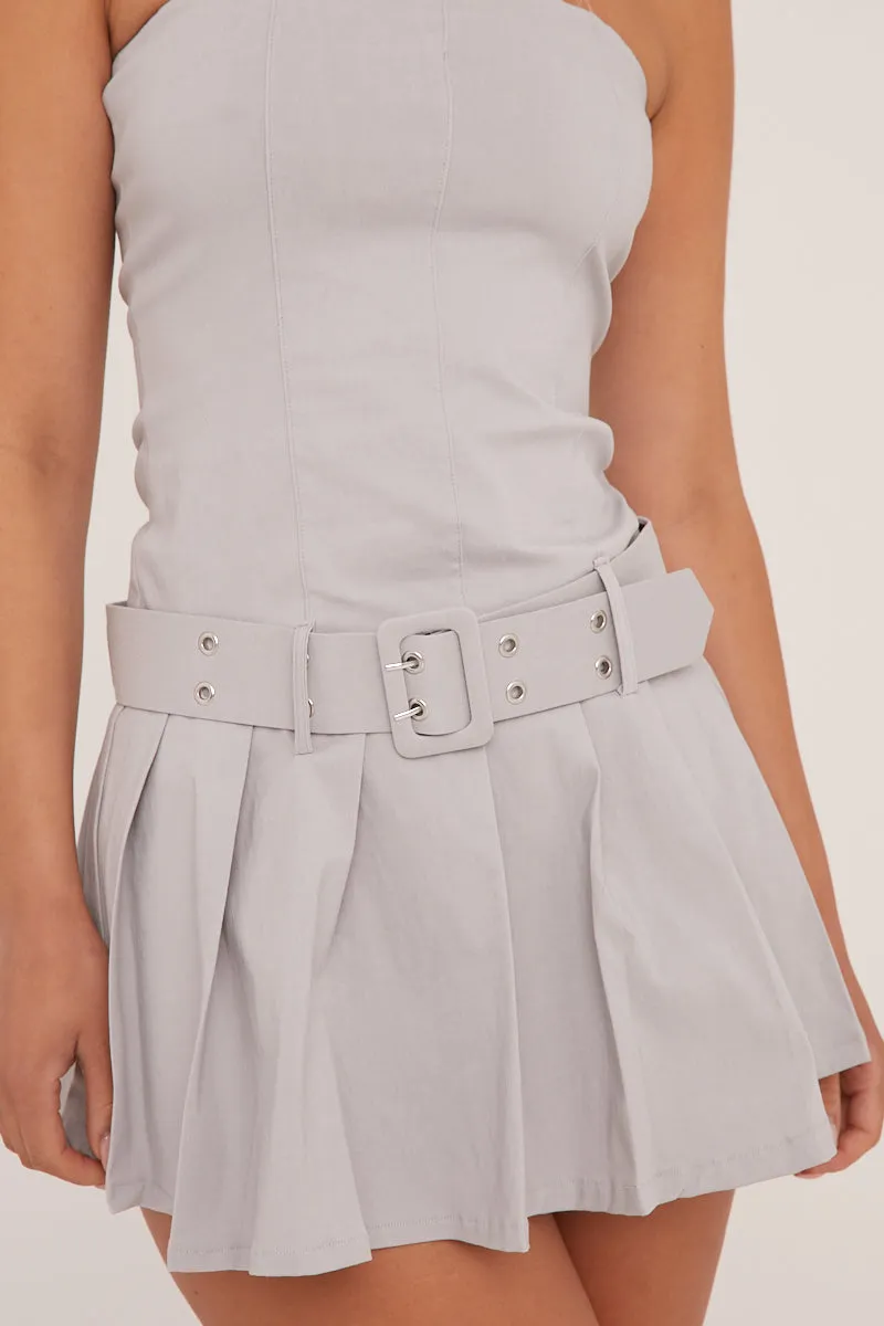 Grey Bandeau Pleat Detail Waist Belt Mini Dress - Clover