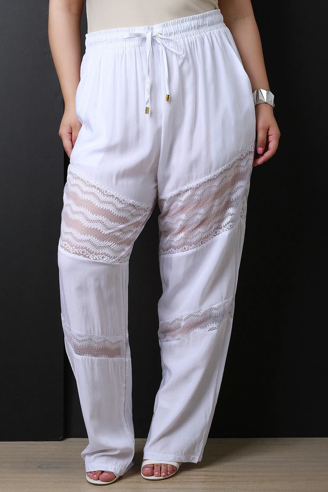 High Waist Lace Insert Wide Leg Pants