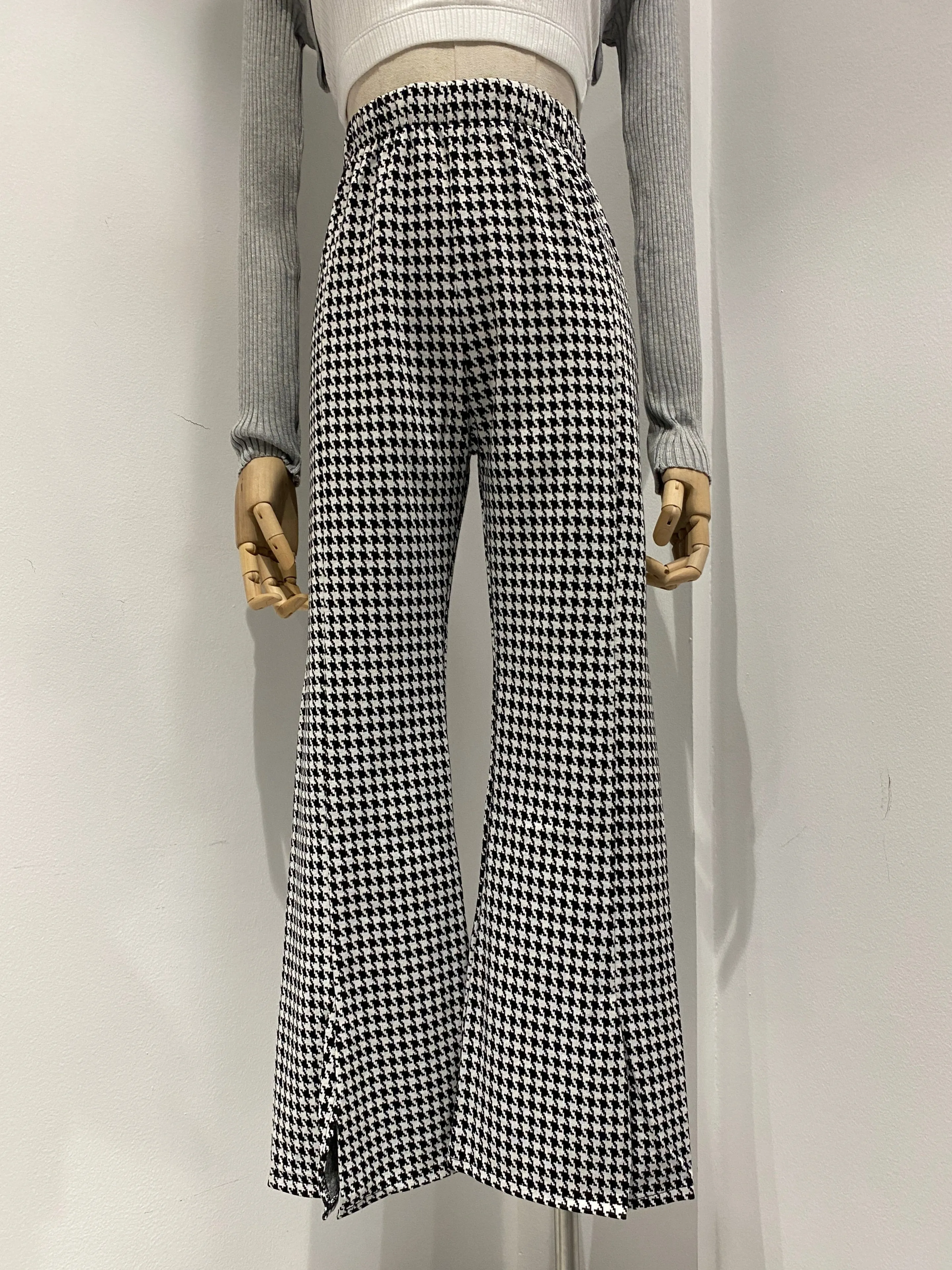 Houndstooth Split Hem Flare Trousers