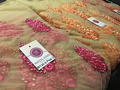 Indian Embellished Embroidered Gold Base Tulle net dress fabric 40" Wide M130