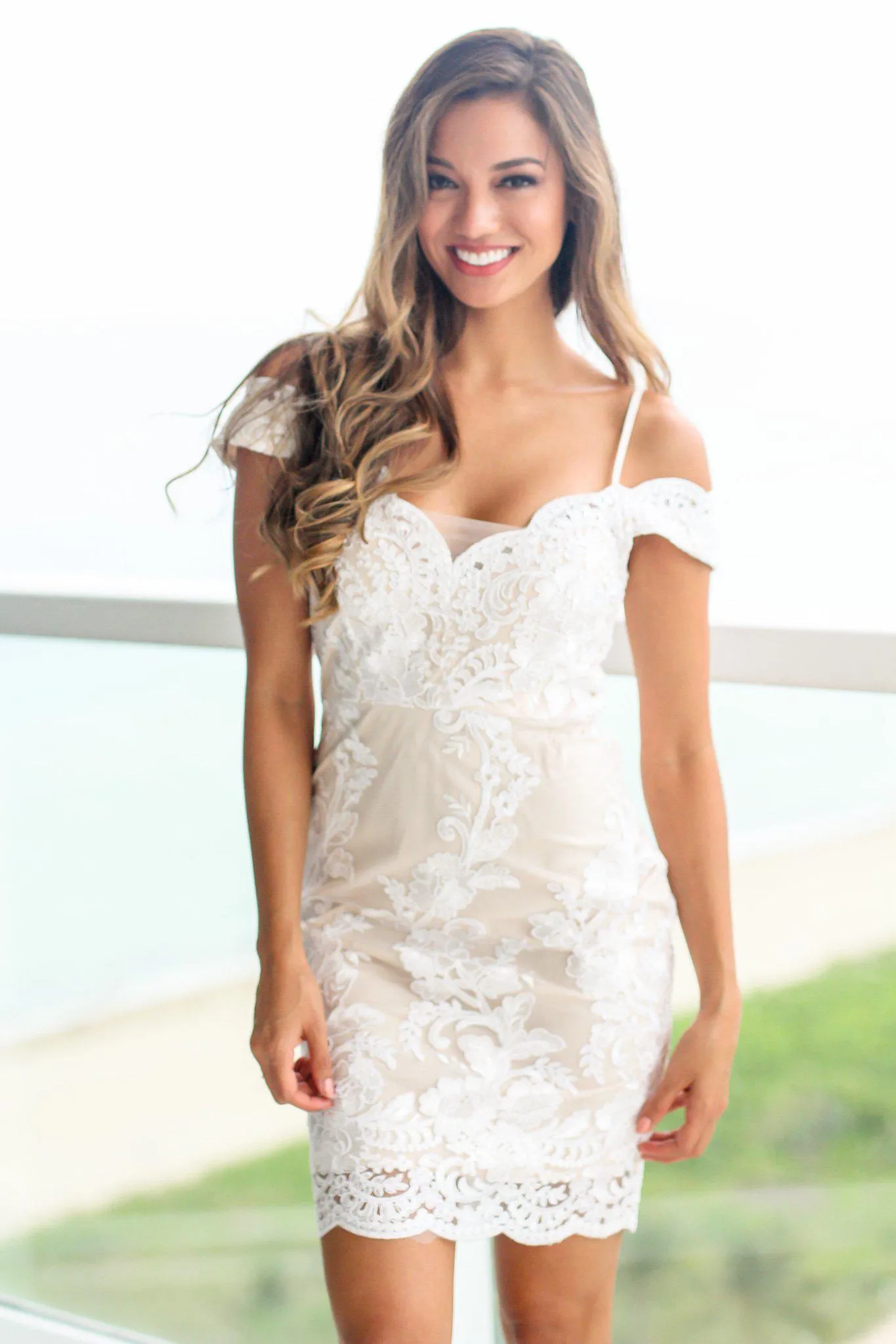 Ivory and Nude Off Shoulder Embroidered Short Dress