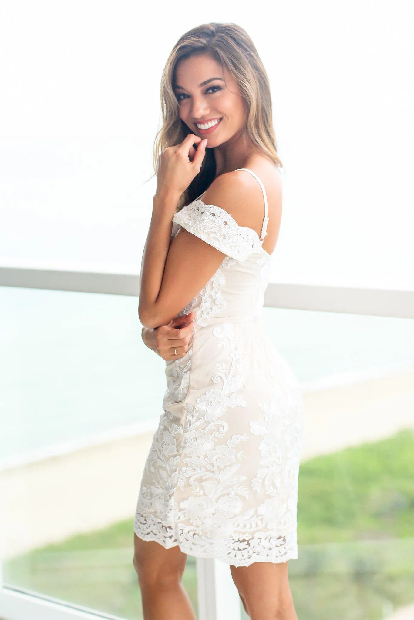 Ivory and Nude Off Shoulder Embroidered Short Dress