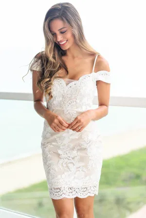 Ivory and Nude Off Shoulder Embroidered Short Dress