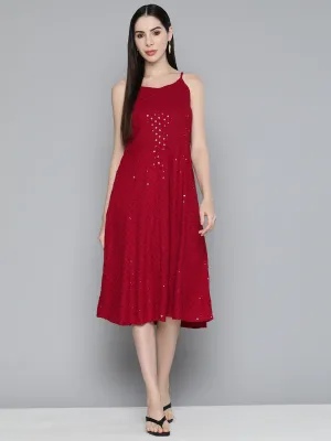 Jashvi Maroon Floral Sequin Embroidered A-Line Midi Dress