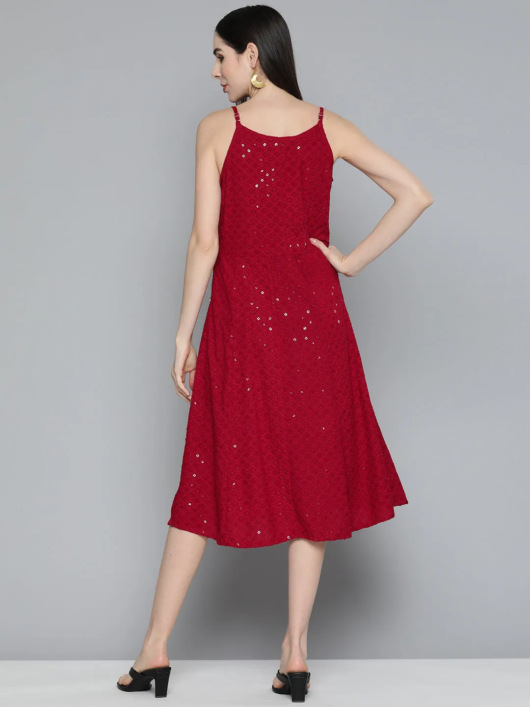 Jashvi Maroon Floral Sequin Embroidered A-Line Midi Dress