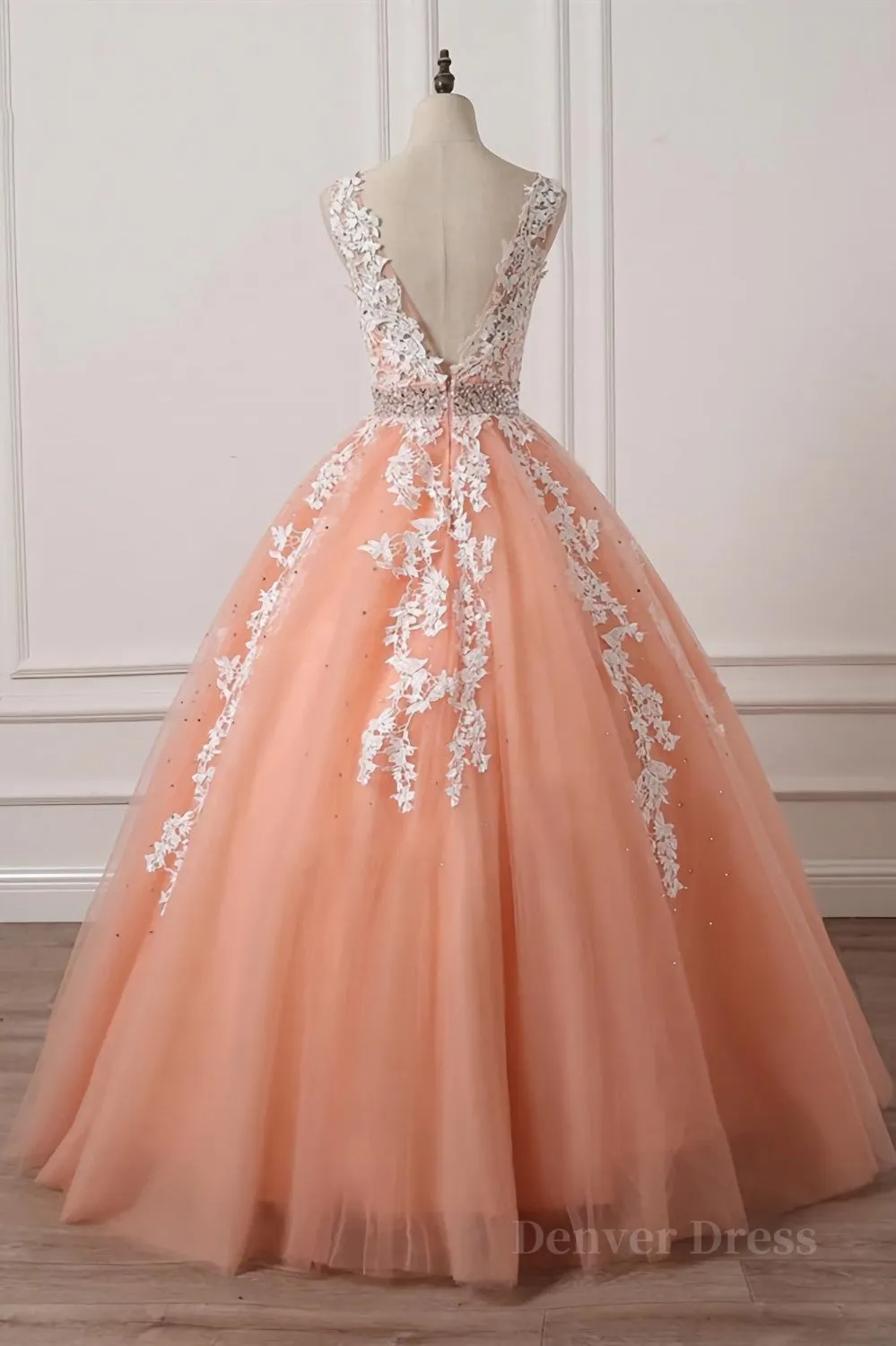 kamahe Gorgeous V Neck Open Back Coral Lace Floral Long Prom Dress, Coral Lace Formal Dress, Coral Evening Dress with Appliques