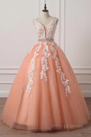 kamahe Gorgeous V Neck Open Back Coral Lace Floral Long Prom Dress, Coral Lace Formal Dress, Coral Evening Dress with Appliques