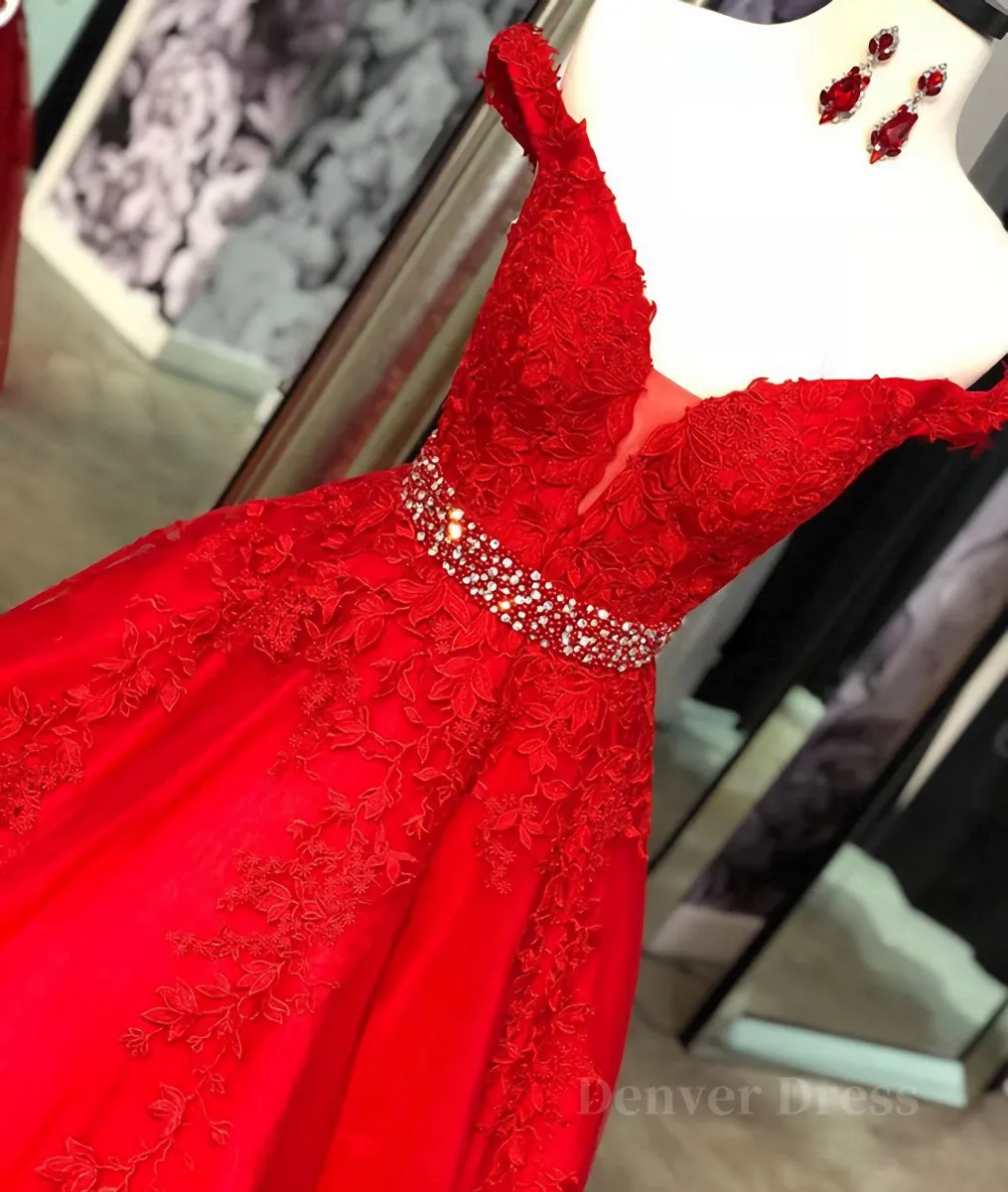 kamahe Red v neck tulle lace long prom dress, red tulle evening dress