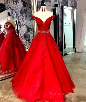 kamahe Red v neck tulle lace long prom dress, red tulle evening dress